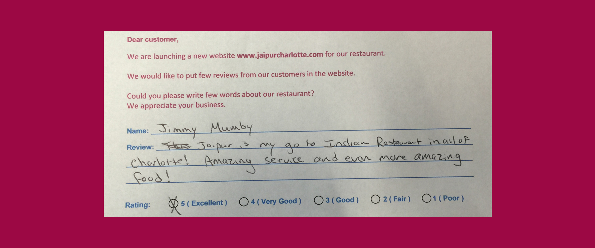 Jaipur Indian Restaurant Customer Review by Jimmy Mumby - Rating 5 out of 5