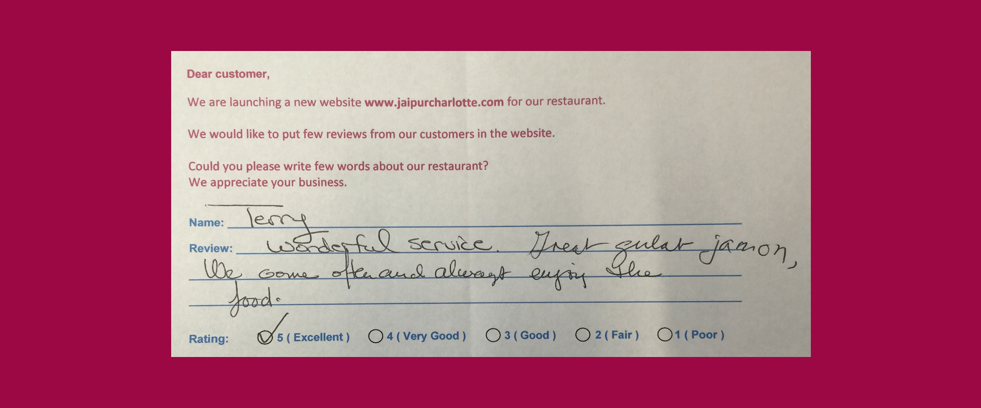 Jaipur Indian Restaurant Customer Review by Terry - Rating 5 out of 5