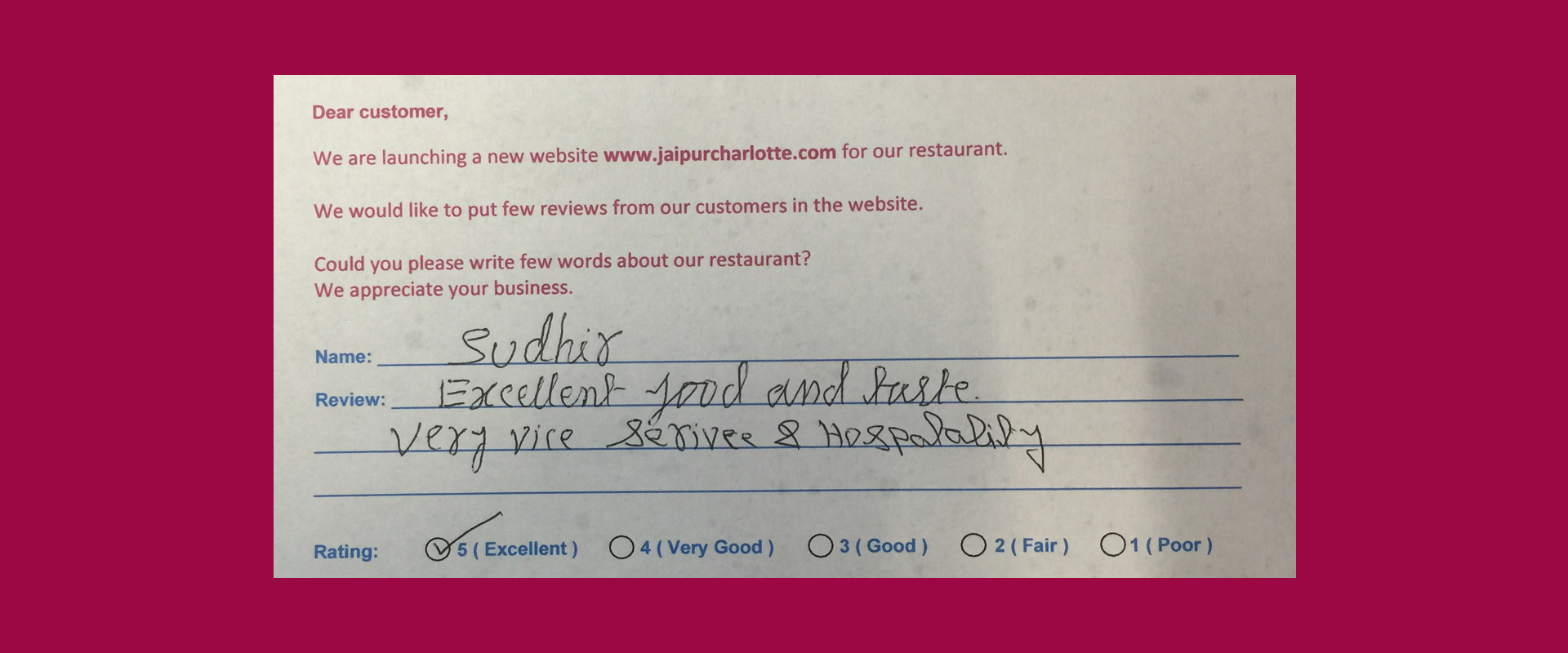 Jaipur Indian Restaurant Customer Review by Sudhir - Rating 5 out of 5